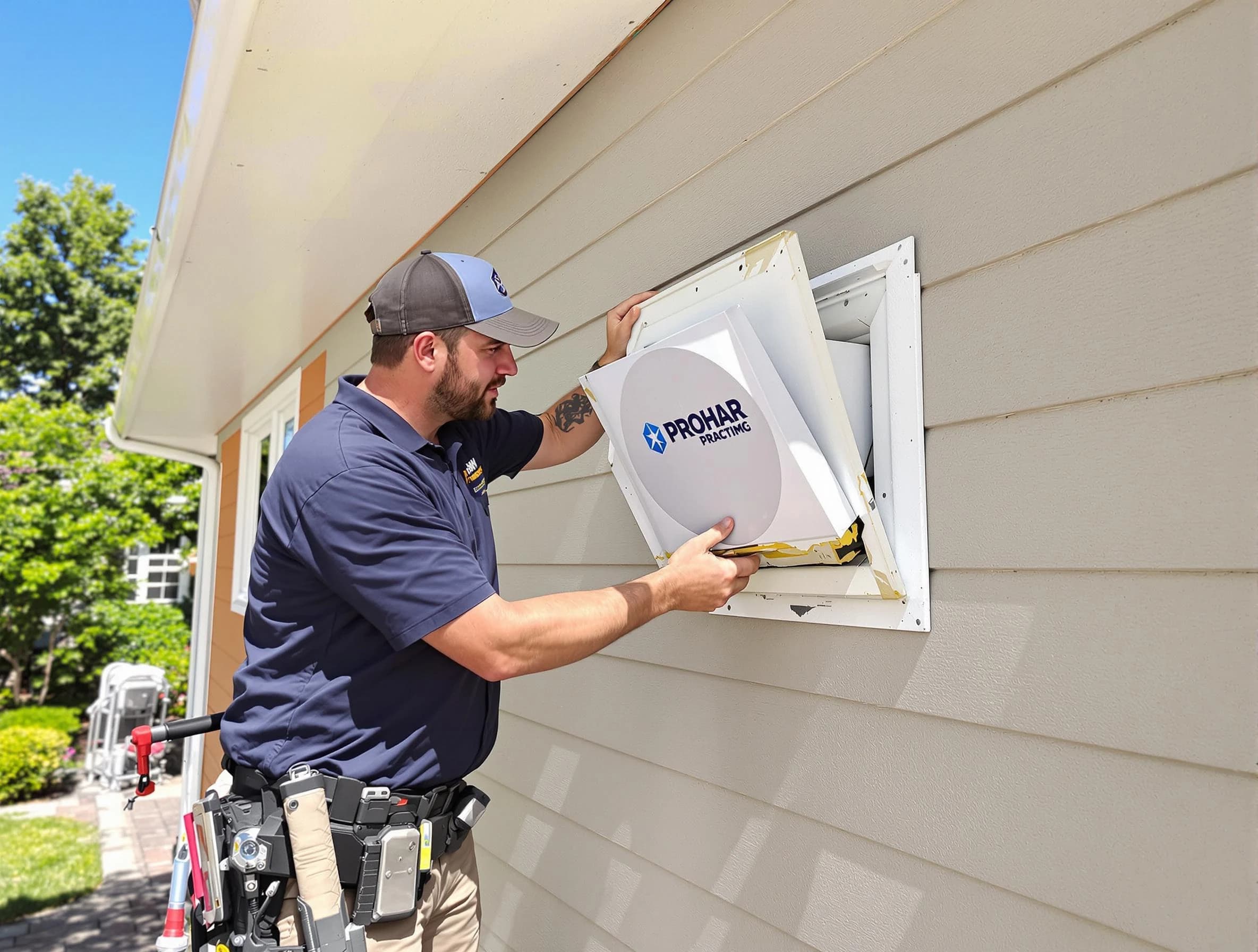 Oklahoma City Dryer Vent Cleaning technician installing a new protective dryer vent cover on a home in Oklahoma City