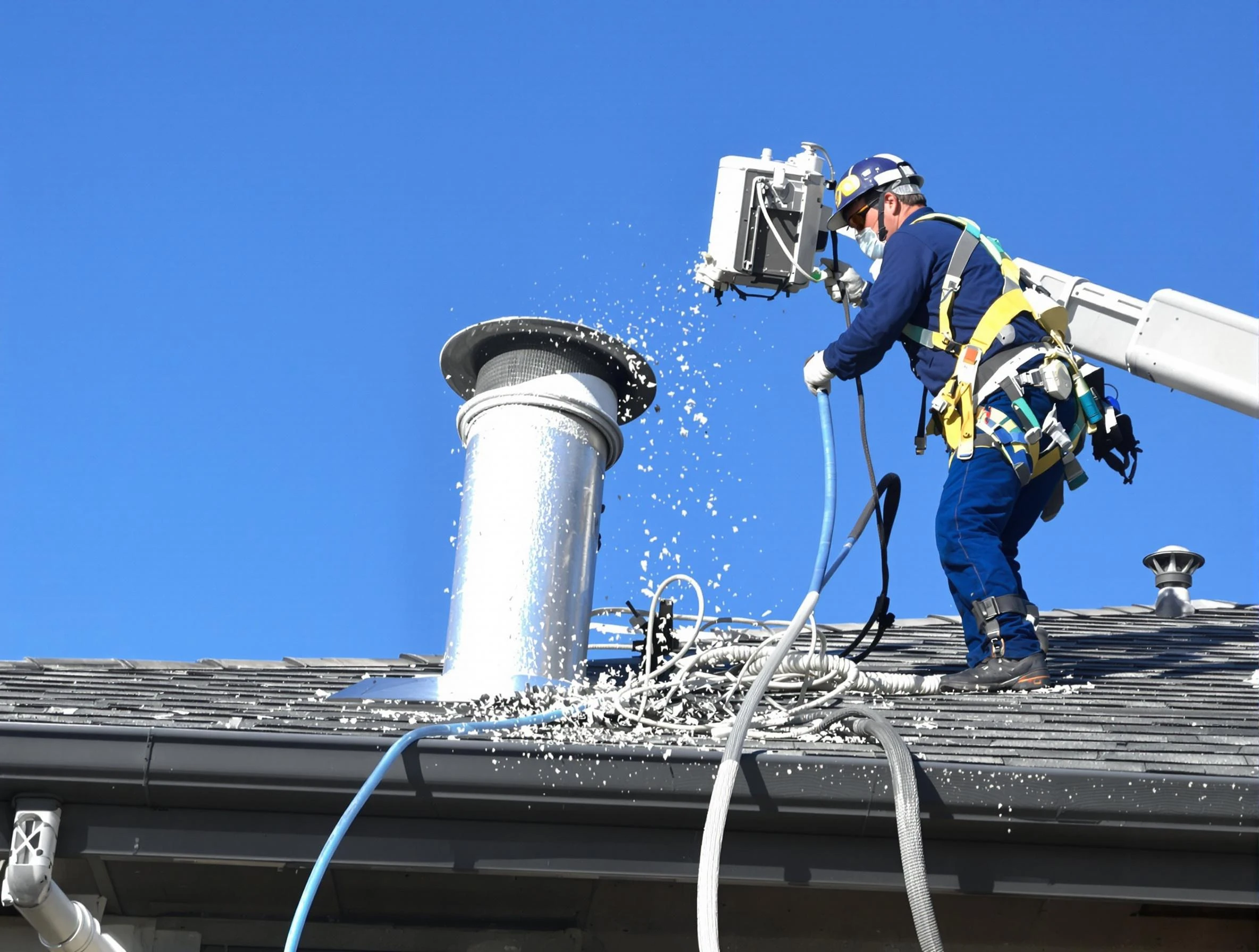 Oklahoma City Dryer Vent Cleaning certified technician safely cleaning a roof-mounted dryer vent in Oklahoma City