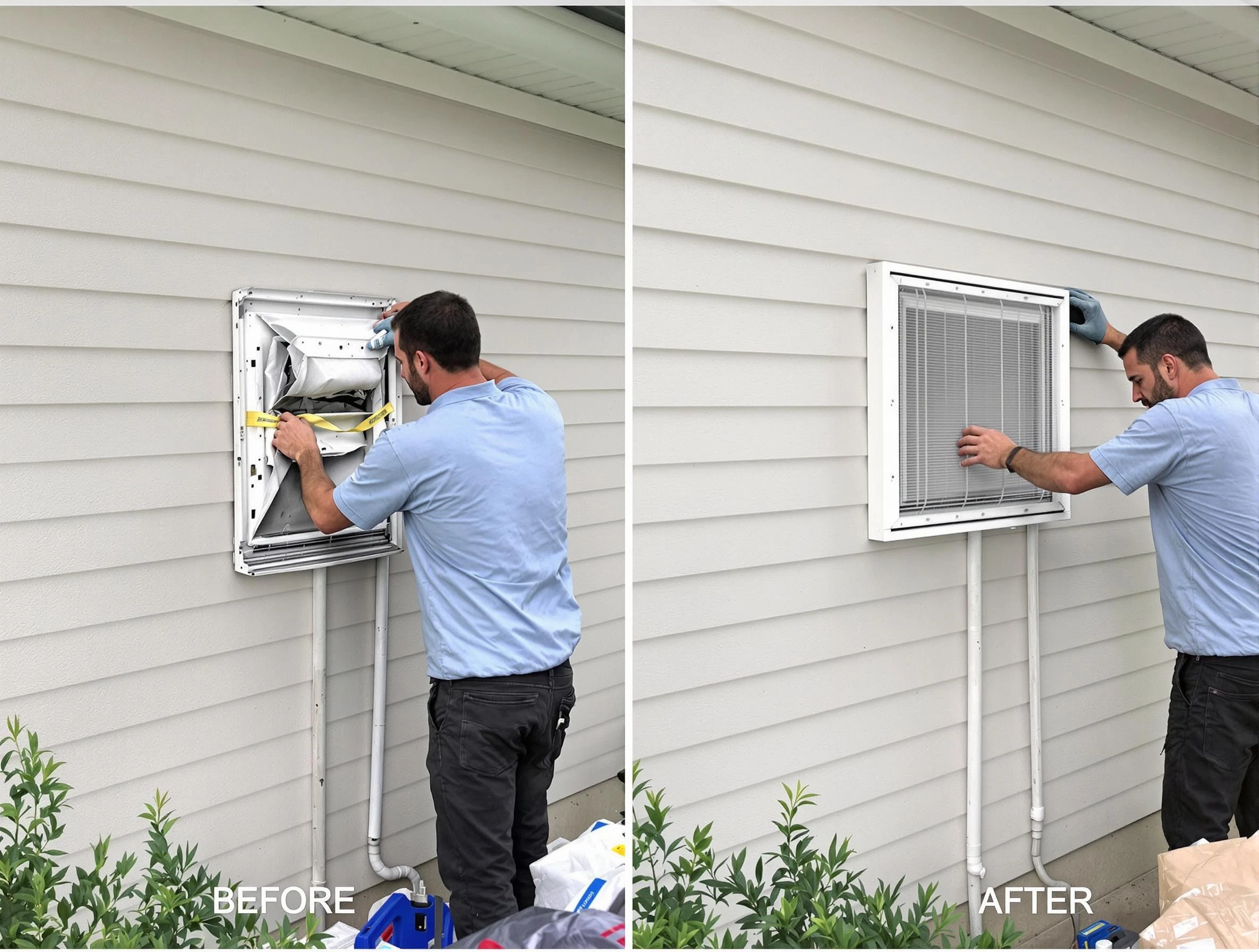 Oklahoma City Dryer Vent Cleaning technician installing high-quality dryer vent cover at a residential property in Oklahoma City